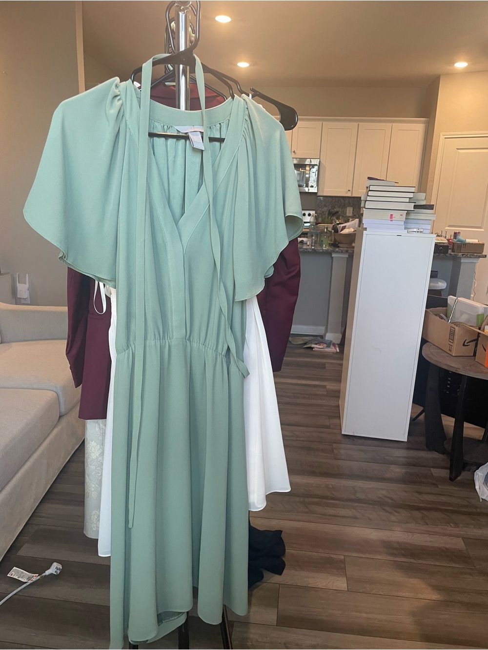 H&M Mint Green Flutter Sleeve Midi Dress with Waist Tie - Women